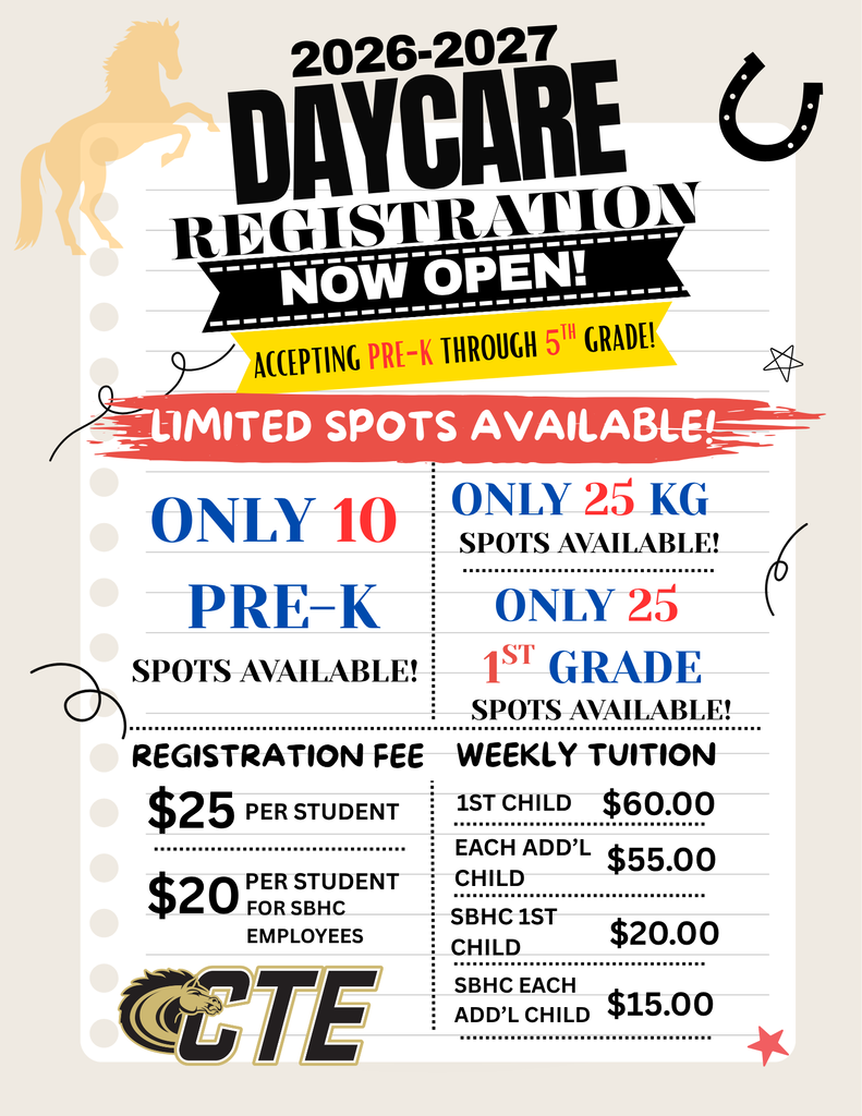 🐎☀️ Mustang Daycare Registration is NOW OPEN for the 2026-2027 School Year! ☀️🐎  Looking for a safe, fun, and caring place for your child before and after school? Our Cracker Trail Elementary Daycare Program is now accepting registrations!  📚 Now Enrolling: ⭐ Pre-K through 5th Grade 🔹 Only 10 Pre-K spots available 🔹 Only 25 First Grade spots available  💲 Registration Fee: $25 per family  💙 Special pricing is available for Highlands County School Board employees!  Weekly Tuition: • $60 – First Child • $55 – Each Additional Child  Don't wait—spaces are limited and fill quickly!  👉 Register today using the link below!