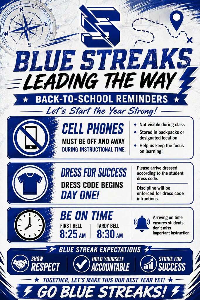 A blue and white "Blue Streaks" back-to-school poster outlining student reminders: cell phones off and stored in backpacks during class, strict dress code starting day one, arrival by 8:25 AM first bell (8:30 AM tardy bell), and core expectations: Show Respect, Hold Yourself Accountable, and Strive for Success.