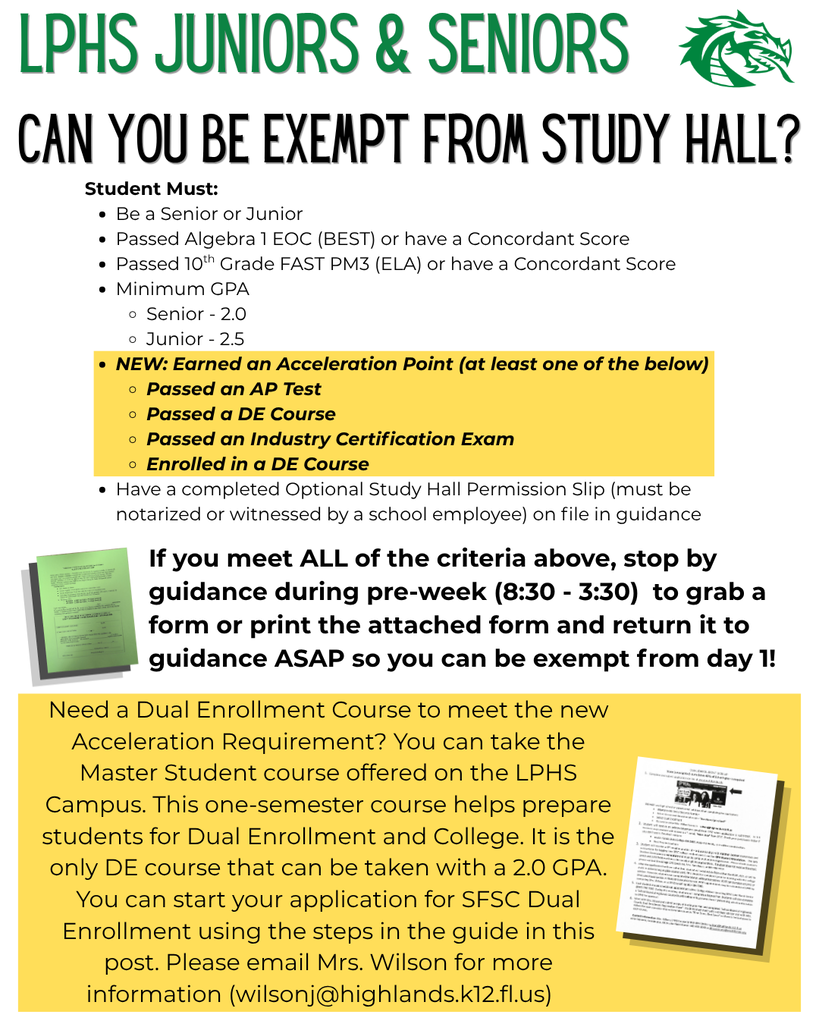 The flyer explains the requirements for optional study hall exemption. Students must be a junior or senior, have passed the Algebra 1 EOC (BEST) or have a concordant score, passed the Grade 10 FAST PM3 ELA assessment or have a concordant score, and meet the minimum GPA requirement (2.0 for seniors, 2.5 for juniors). New this year, students must also have earned an acceleration point by passing an AP exam, passing a Dual Enrollment course, passing an industry certification exam, or currently being enrolled in a Dual Enrollment course. Students must also have a completed Optional Study Hall Permission Slip, notarized or witnessed by a school employee, on file in guidance. Eligible students should visit guidance during pre-week (8:30 a.m.–3:30 p.m.) to pick up or submit the required form so they can be exempt beginning the first day of school. The flyer also highlights the SFSC Master Student Dual Enrollment course, available on the LPHS campus, as an option for students needing to meet the new acceleration requirement, and provides Mrs. Wilson's email for additional information.