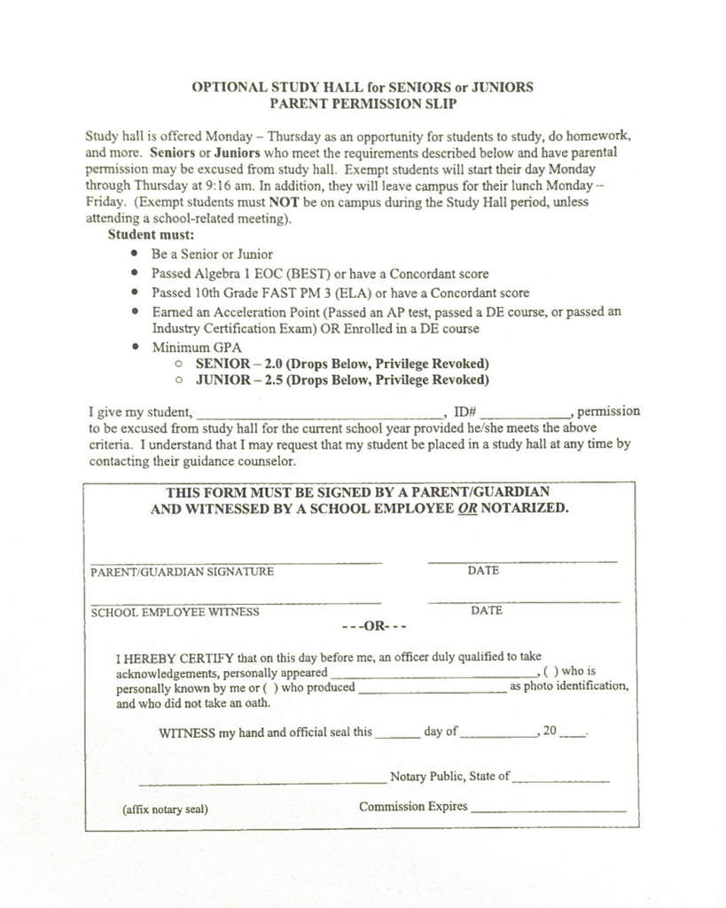 Study Hall Exemption form to print.