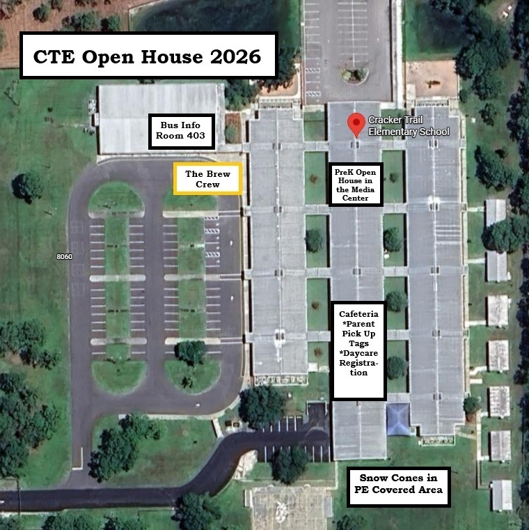 Locations of PreK open house (media center), parent pick up tags & daycare (cafeteria), bus transportation (Room 403), and The Brew Crew (Bus Loop).