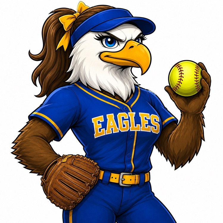 Illustrated female eagle softball player in a blue and gold Eagles uniform, holding a softball and glove.
