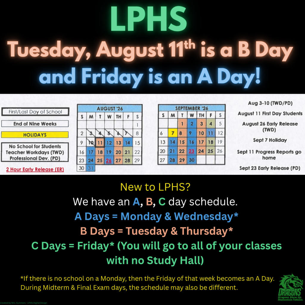 LPHS graphic announcing Tuesday, August 11, 2026, is a B Day. A calendar shows key August and September dates. LPHS follows an A, B, C day schedule: A Days are typically Monday and Wednesday; B Days are Tuesday and Thursday; C Days are Friday, when students attend all classes with no Study Hall. If there is no school on Monday, Friday becomes an A Day. Midterm and final exam schedules may differ. The LPHS Dragons logo and “Dragons Show Up. Momentum Follows.” appear at the bottom.