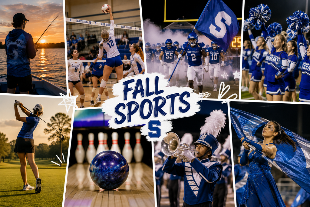 A photo collage with central text reading "FALL SPORTS" above a blue "S" logo. Surrounding panels feature student athletes in blue "Blue Streaks" uniforms participating in fishing, volleyball, football, cheerleading, golf, bowling, marching band, and color guard.