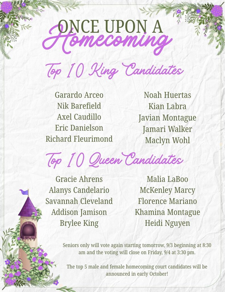 A flyer titled "Once Upon a Homecoming" lists the Top 10 King and Queen Candidates. Decorated with purple floral arrangements and a fairy-tale castle tower, it states senior-only voting runs from 9/3 at 8:30 am to 9/4 at 3:30 pm to determine the top 5 candidates.