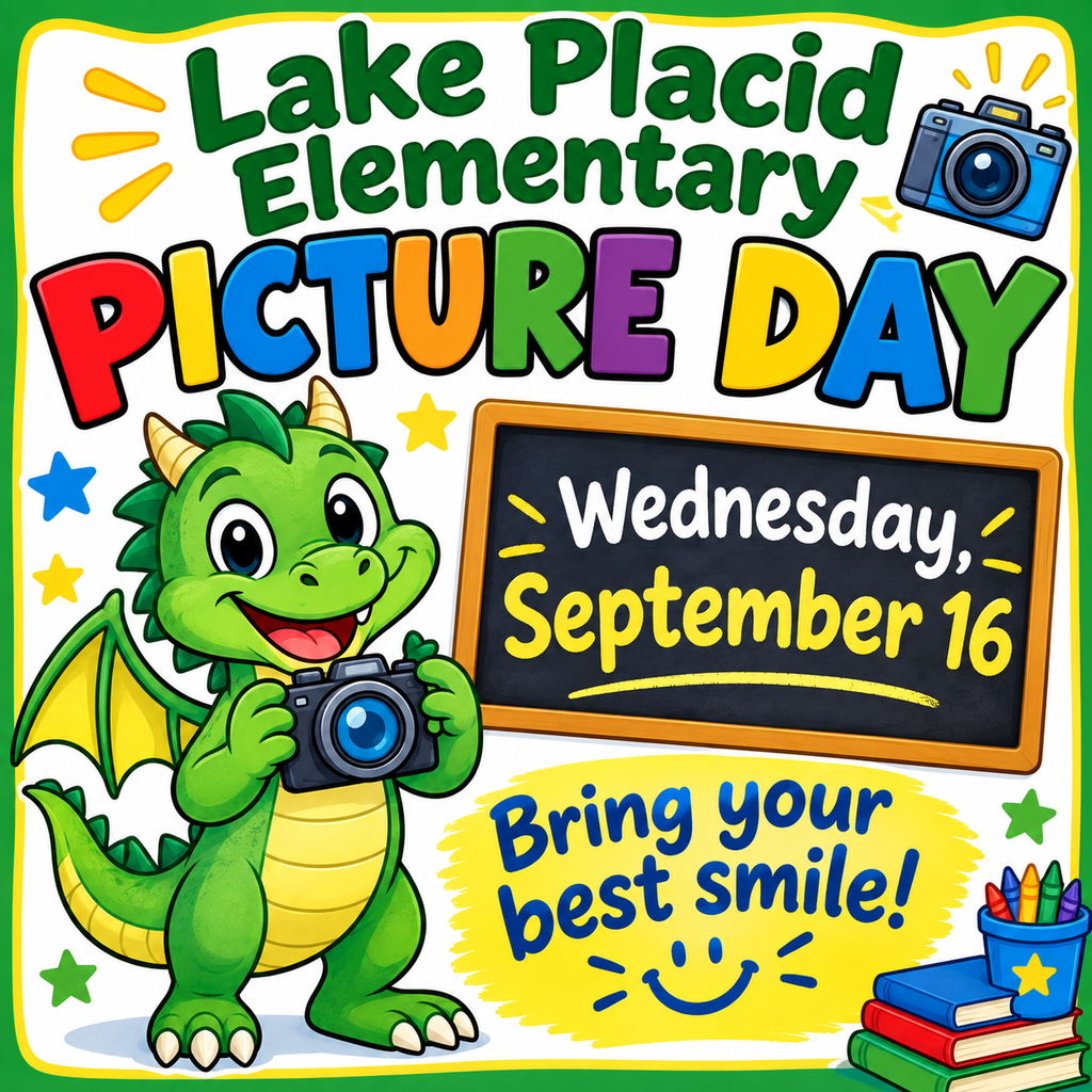 Colorful picture with a dragon holding a camera, letting us know that LPE picture day is Wednesday, September 16.  Bring your best smile!