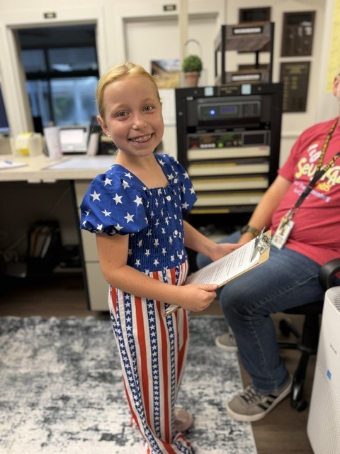 A special thank you to Hope , who patriotically led her classmates and our school community in the Moment of Silence and reading this week. We are proud of you, Hope! ❤️💙