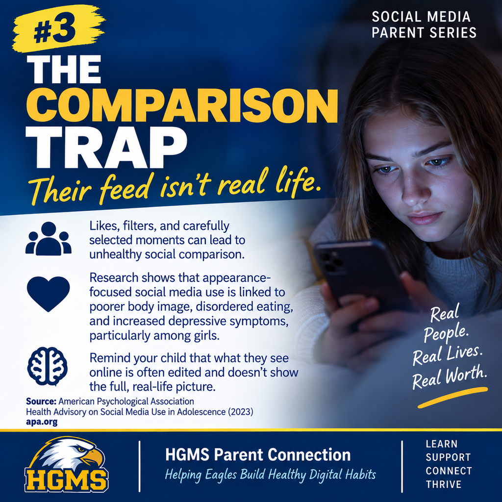 Social Media Parent Series #3: “The Comparison Trap.” Explains how likes, filters, and curated posts can lead to unhealthy social comparison, poor body image, disordered eating, and depressive symptoms, especially among girls. Encourages parents to remind children that social media is edited and does not show the full picture