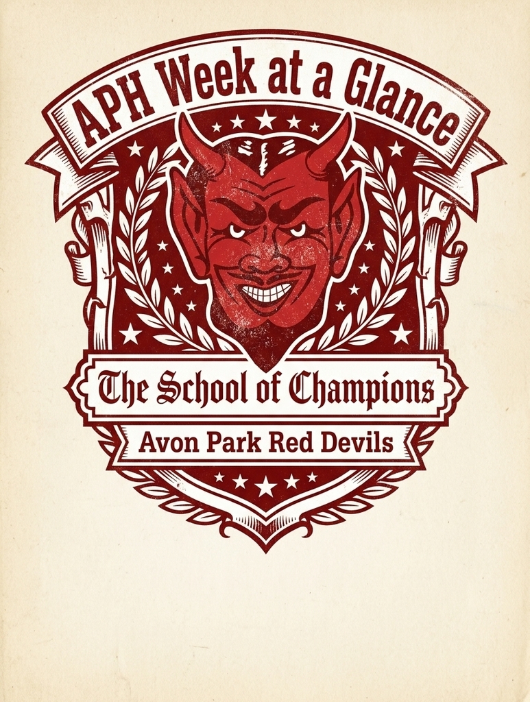 APH Week at a Glance header with a stylized Red Devil in the middle and text above and below that says APH week at a Glance - The School of Champions - Avon Park Red Devils