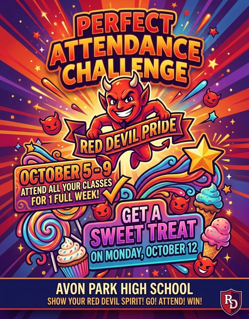 Stylized poster promoting the perfect attendance challenge.  Bright and colorful poster with a starburst pattern in the background and a cartoon devil with treats all around.