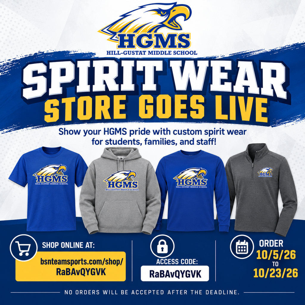 HGMS Spirit Wear Store opens October 5. Shop shirts, hoodies, pullovers, and more through October 23. Access code: RaBAvQYGVK.