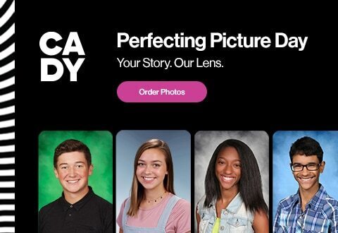 Promotional banner for CADY reading "Perfecting Picture Day. Your Story. Our Lens." with a pink "Order Photos" button. Below are four student portraits set against various solid and textured backdrops.