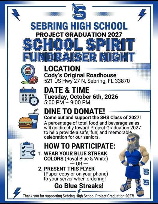 Flyer for Sebring High School Project Graduation 2027 School Spirit Fundraiser Night at Cody's Original Roadhouse (521 US Hwy 27 N, Sebring, FL) on Tuesday, October 6, 2026, from 5–9 PM. Dine to donate or present flyer; a portion of sales supports Project Graduation.
