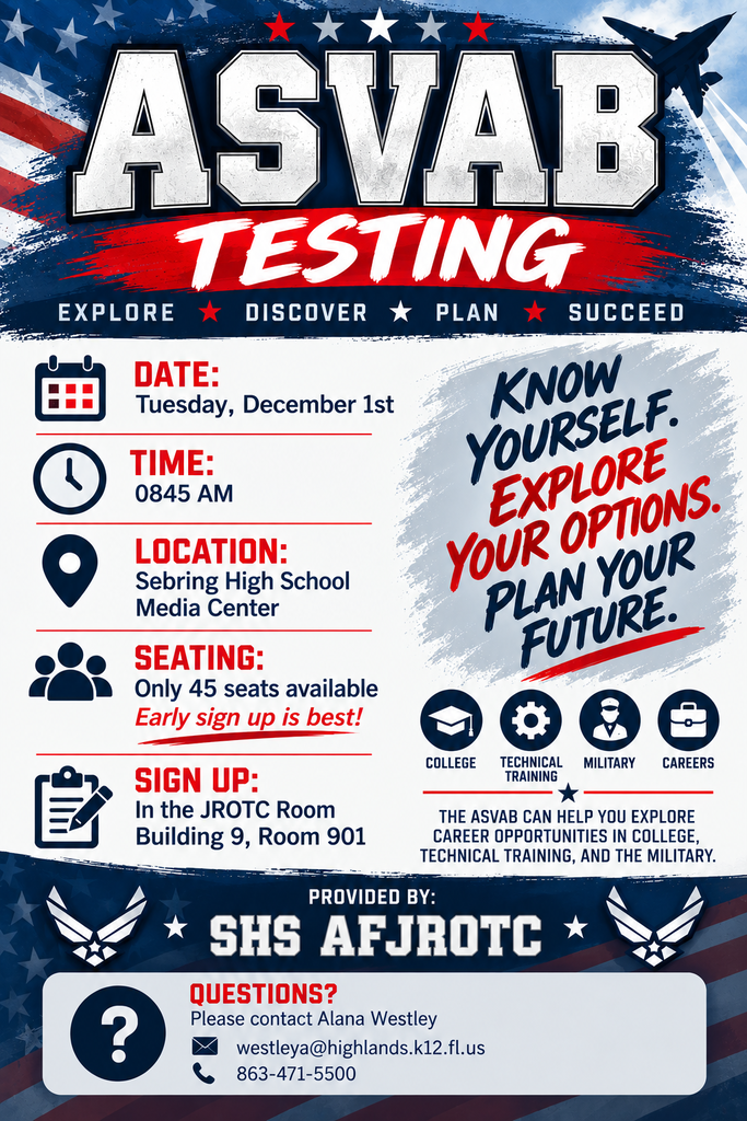 Flyer for ASVAB Testing on Dec 1, 8:45 AM at Sebring High School Media Center. Sign up in JROTC Room, Building 9, Room 901.
