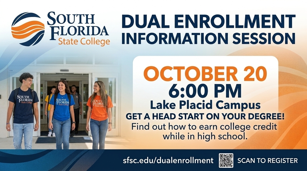 SFSC Dual Enrollment Information Session flyer for October 20 at 6 PM at Lake Placid Campus.