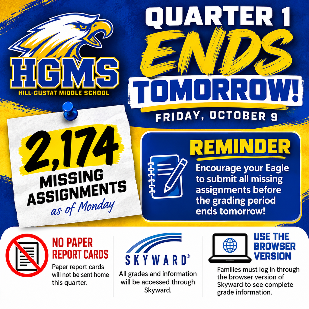 HGMS Quarter 1 ends Friday, October 9. As of Monday, 2,174 assignments were missing. Paper report cards will not be sent home. Families must use the browser version of Skyward to access grades.