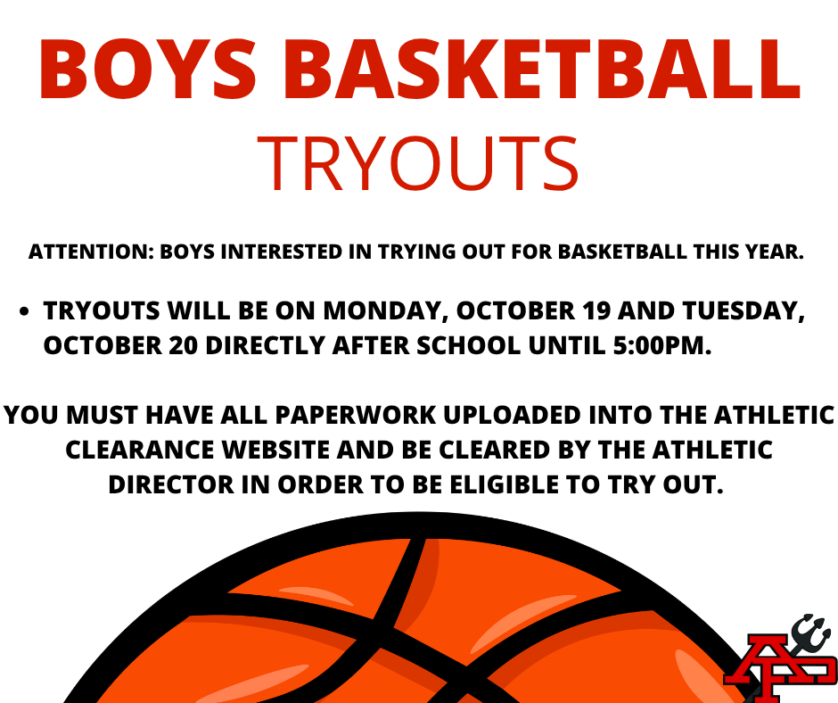 A flyer announcing Boys Basketball Tryouts on Monday, October 19 and Tuesday, October 20 directly after school until 5:00 PM.