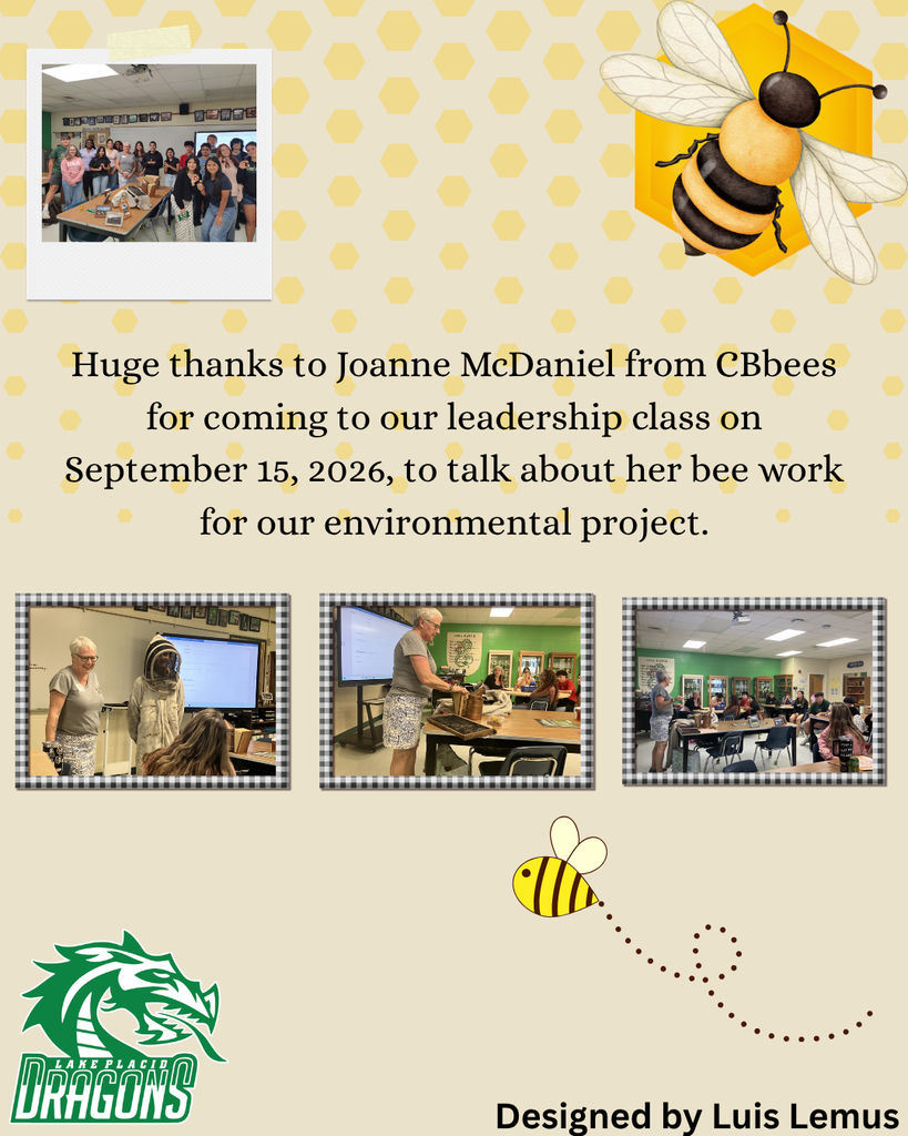 Graphic thanking Joanne McDaniel from CBbees for speaking to the leadership class on September 15, 2026, about her bee work for an environmental project.