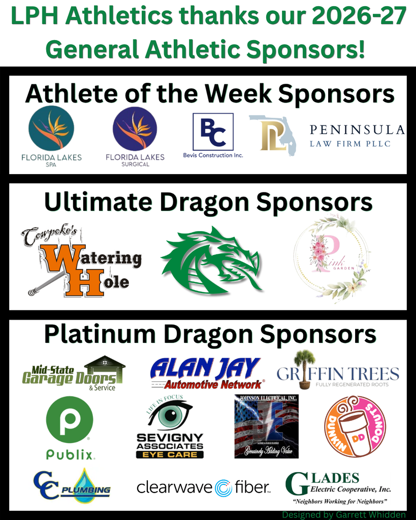 Sponsor recognition graphic for LPH Athletics thanking the 2026-27 General Athletic Sponsors, including Athlete of the Week, Ultimate Dragon, and Platinum Dragon sponsors.