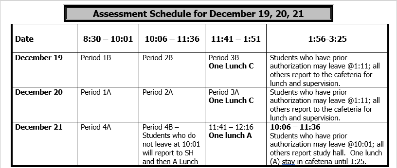 Exam schedule for Sebing High