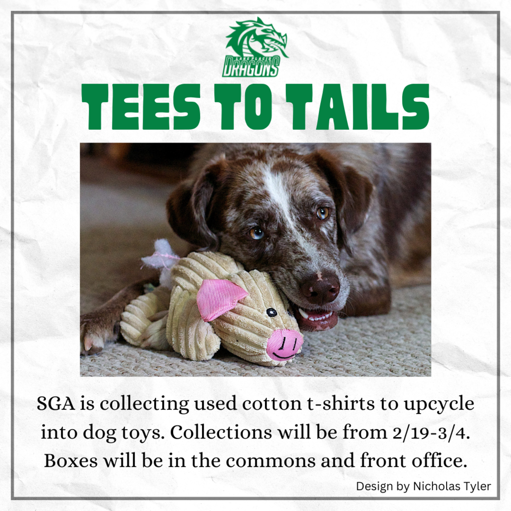 Tees to Tails. SGA is collecting used cotton t-shirts to upcycle into dog toys. Collections will be from 2/19-3/4. Boxes will be in the commons and front office.