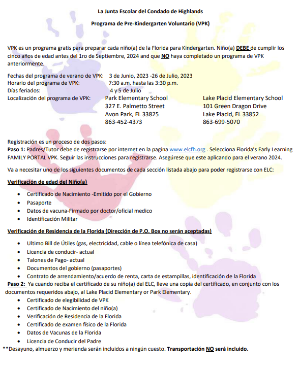 The School Board of Highlands County 2024 Summer VPK Program