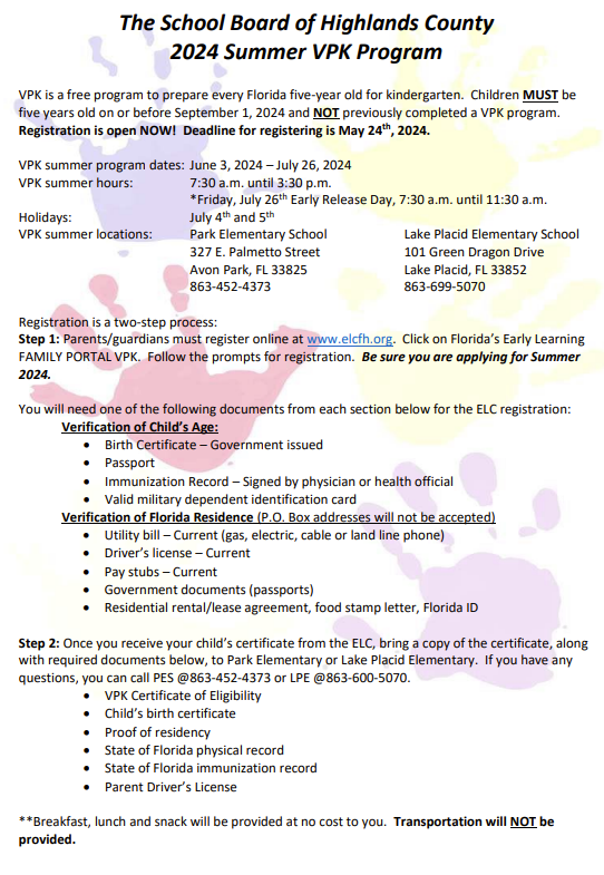 The School Board of Highlands County 2024 Summer VPK Program