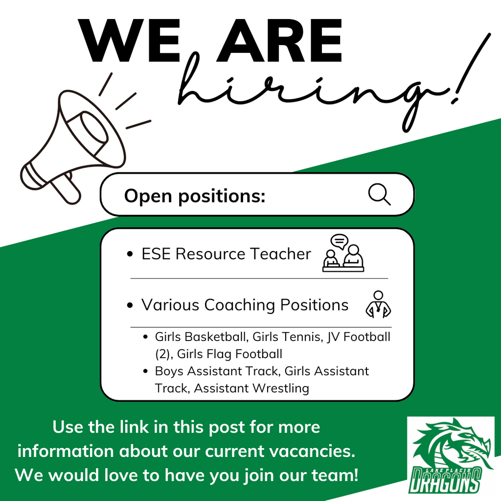 We are hiring! Open positions: • ESE Resource Teacher • Various Coaching Positions • Girls Basketball, Girls Tennis, JV Football (2), Girls Flag Football, Boys Assistant Track, Girls Assistant Track, Assistant Wrestling Use the link in this post for more information about our current vacancies. We would love to have you join our team!