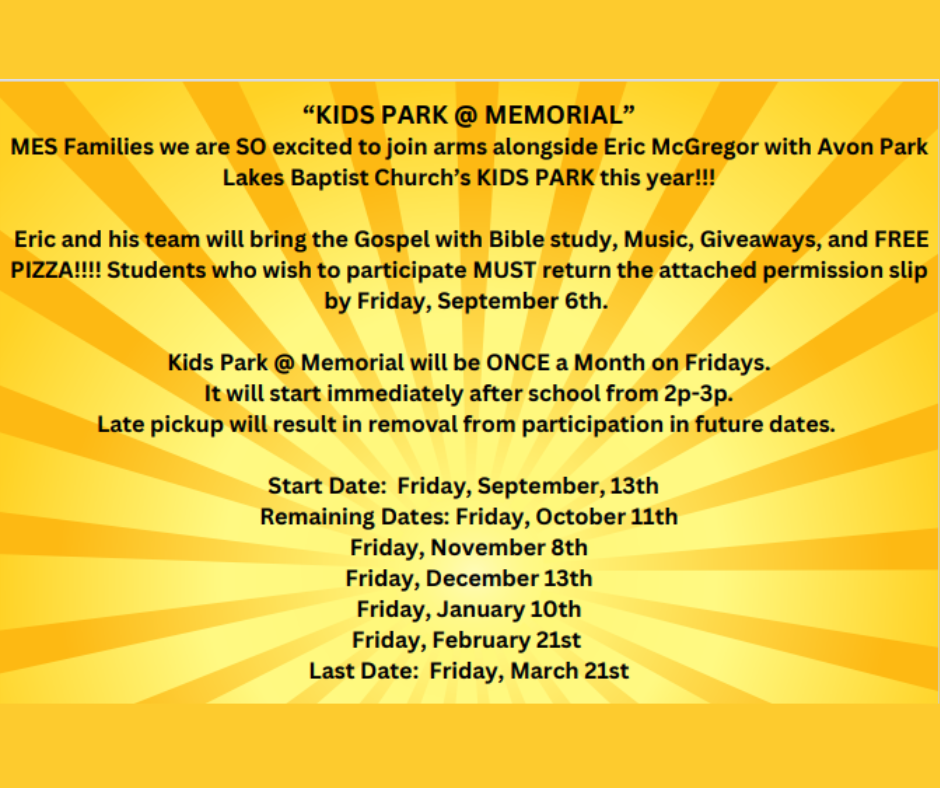 Kids Park at MES list of dates and times for the bible study.