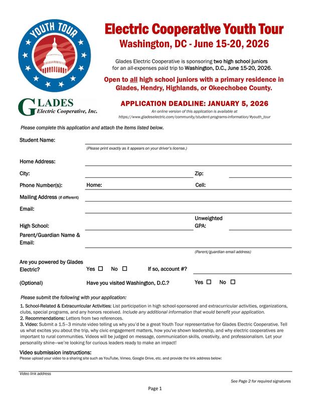 Electric Cooperative Youth Tour Application page 1