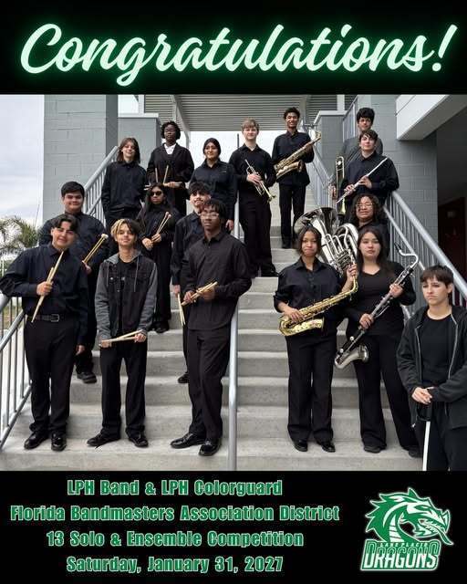 Alt Text Description Short Alt Text: A group photo of the LPH Band and Colorguard members dressed in black, holding their instruments on a set of outdoor stairs to celebrate the Florida Bandmasters Association District 13 Solo & Ensemble Competition.