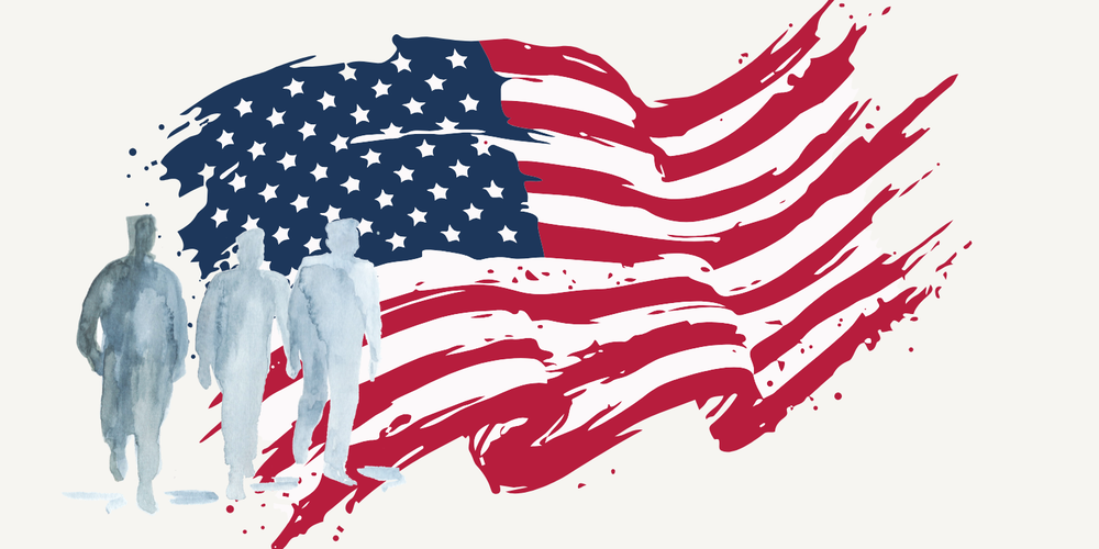 an American flag with a silhouette of 3 people walking in front of it. 