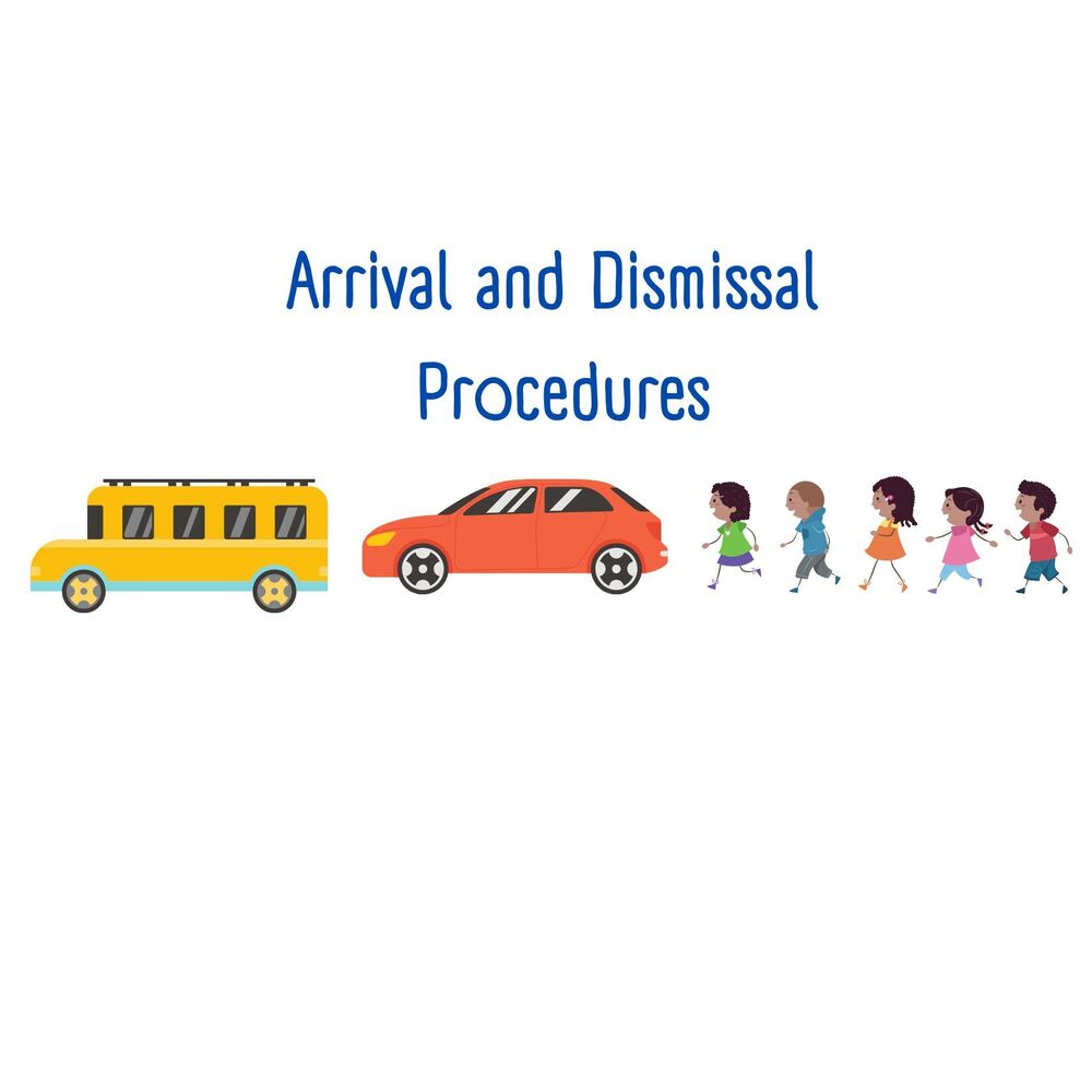 Arrival and DIsmissal Procedures with a school bus, car, and students walking