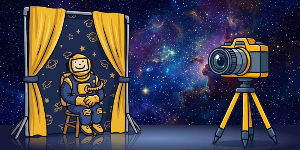 Yellow and blue astronaut sits in front of a picture background taking a picture. There is a starry background.