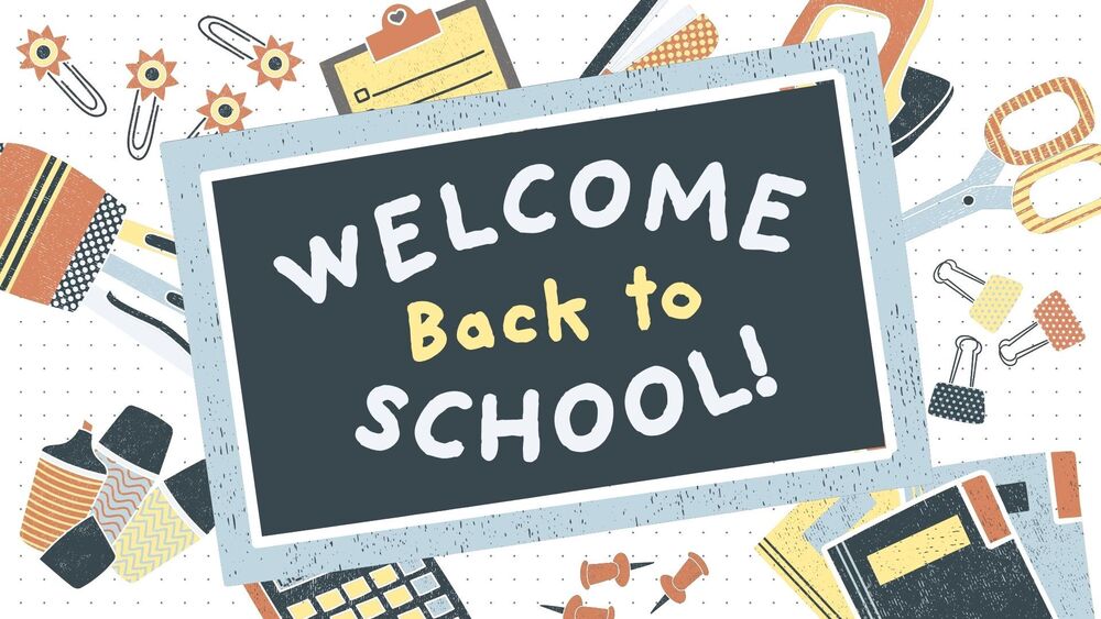 Welcome Back to School in the middle of clipart of school supplies