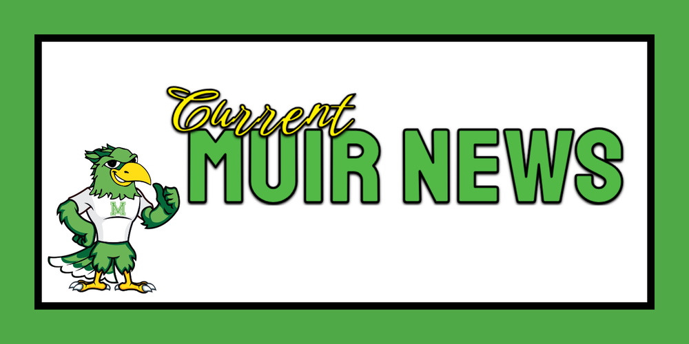 A Falcon standing next to the words current Muir news