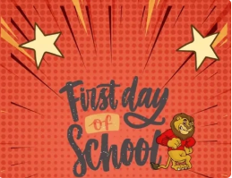First day of school sign with Leo the Lion