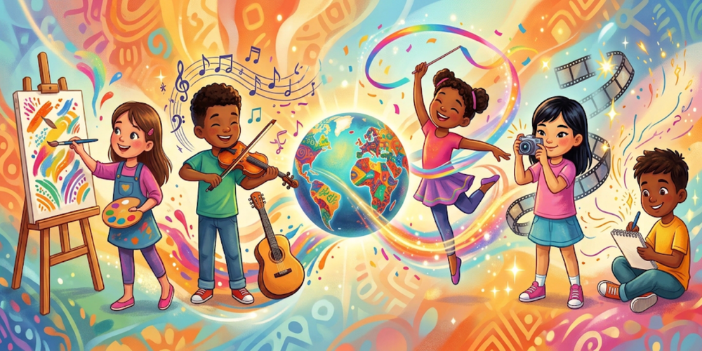 Cartoon image of diverse children painting, playing a violin, dancing, taking pictures, and writing are in front of a orange, pink, and blue background with various shapes. There is a globe in the middle.