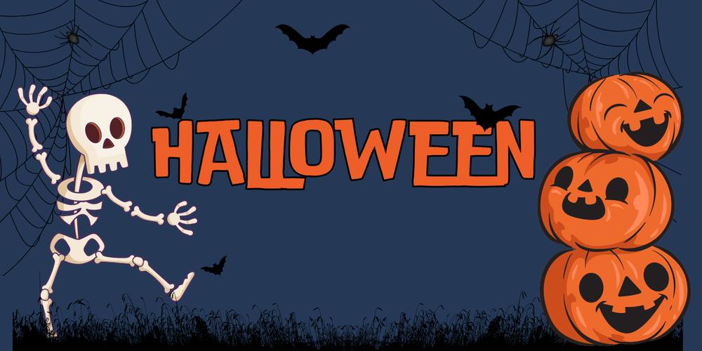 a skeleton and a stack of 3 pumpkins with spier webs and bats in the backgound with the word halloween in the middle.