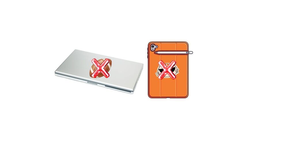 clipart of a closed computer and ipad case with stickers on each and a red x over the sticker