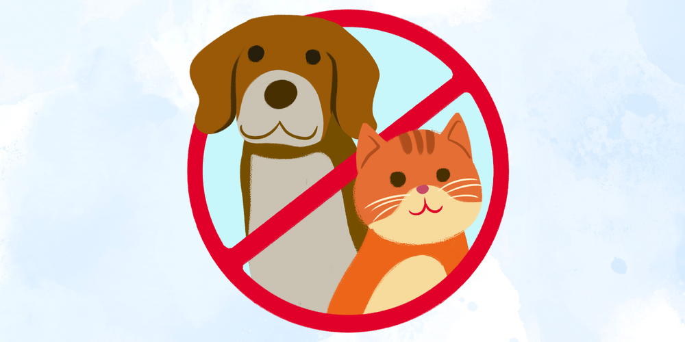 Cartoon brown dog and orange cat inside of a red circle with diagonal line indicating that they are prohibited.  There is a blue sky and cloud background. 