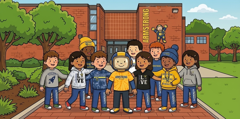 The astronaut is wearing a yellow spiritwear shirt and is standing with ethnically diverse students in front of Armstrong School.  the other children are wearing different forms of Armstrong School Spirit Wear.