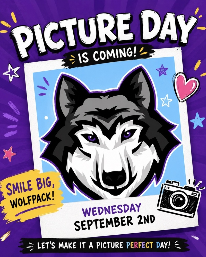 Wolf in a Picture Frame with the text Picture Day is coming on Wednesday September 2nd