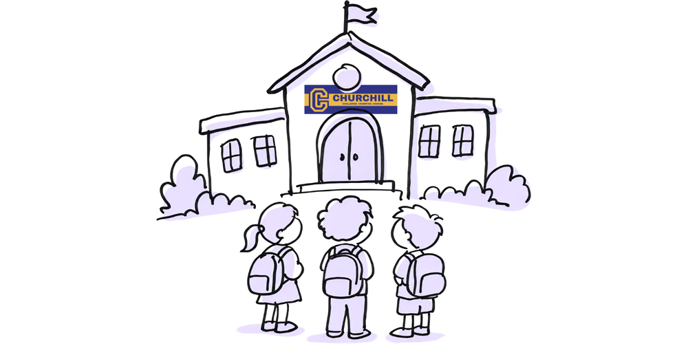 3 students waiting to go into a school building