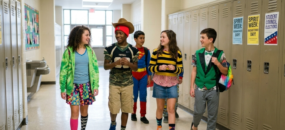 Students dressed up for spirit day with mismatched clothes