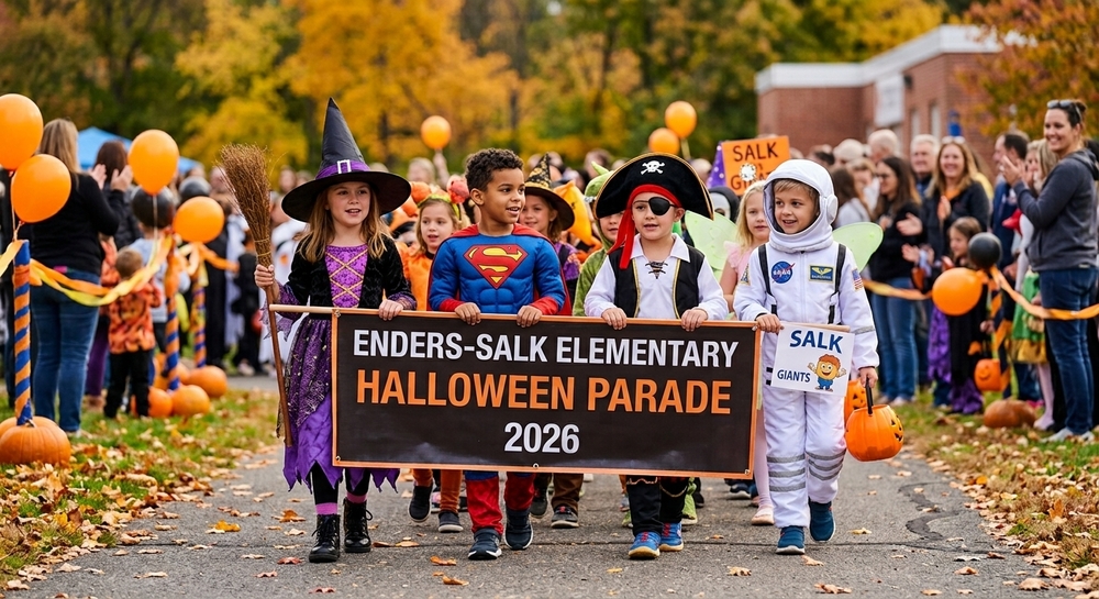 students walking in a Halloween parade at a school