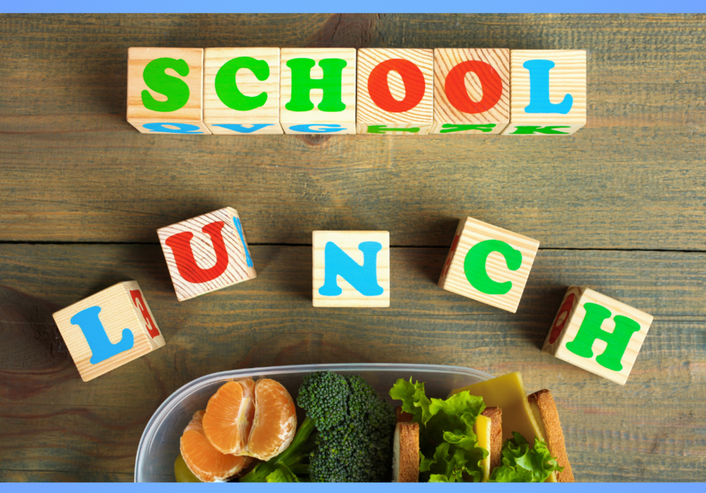 wooden blocks that spell school lunch with fruit and vegetables