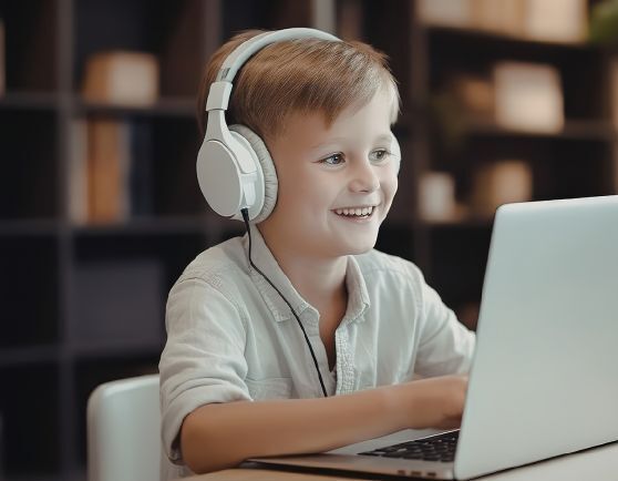 Boy wearing headphones on a computer