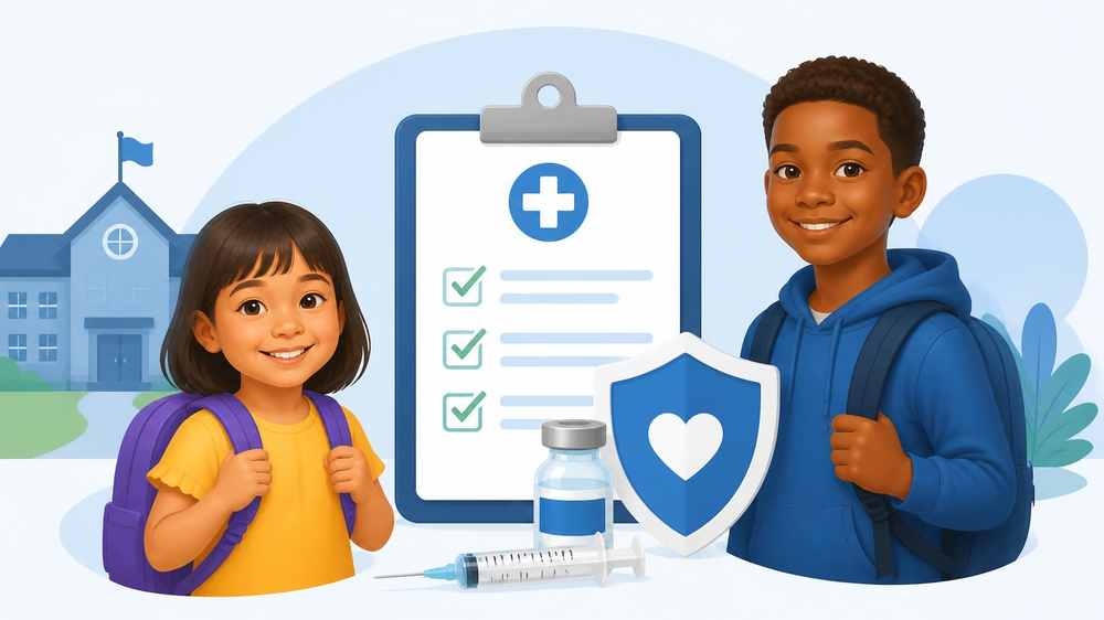 Two students standing in front of a school with a blue hue.  They both have backpacks on and are standing next to a syringe and vaccine bottle and a big clipboard with a white cross and green checkmarks.