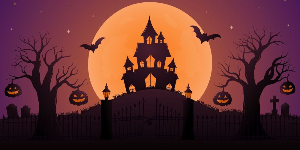 Halloween image with haunted house bats and jack o lanterns